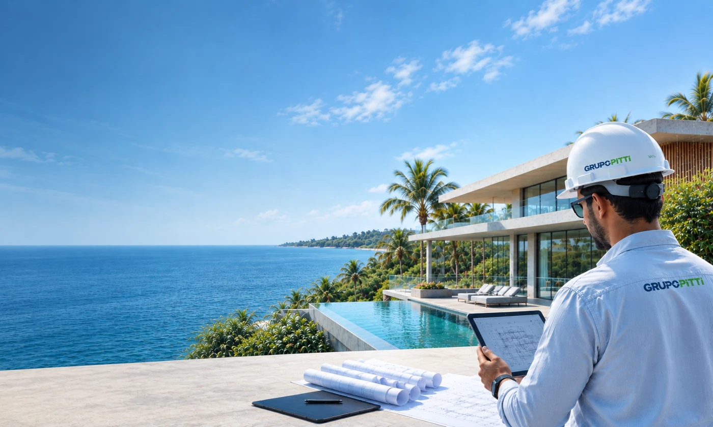 Grupo Pitti engineer reviewing plans in front of a completed coastal property